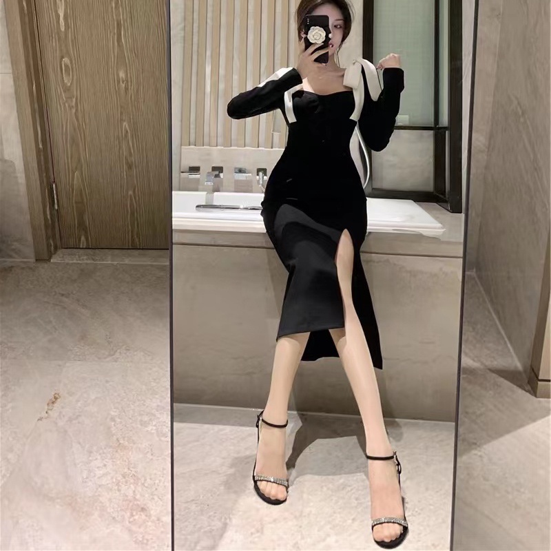 Đầm IELGY ôm dáng xẻ tà màu đen phong cách hepburn cổ điển thời trang dành cho nữ