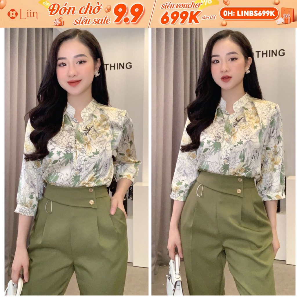 Áo kiểu nữ cổ tàu chất vải lụa thiết kế cộc tay họa tiết hoa vàng trẻ trung, thanh lịch Liin Clothing A2302