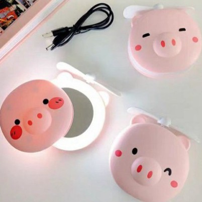 Gương Hình Lợn Mini Có Quạt, Đèn Led Kèm Sạc Màu Hồng
