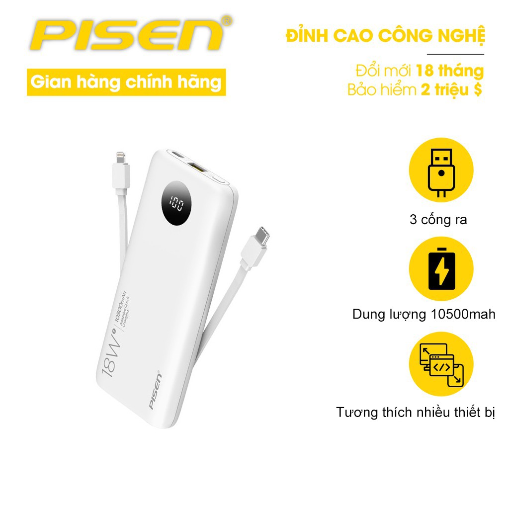 Sạc dự phòng kèm cáp cao cấp Pisen Quick PowerFo QP18 10500mAh - Hỗ trợ sạc nhanh, tương thích với mọi thiết bị