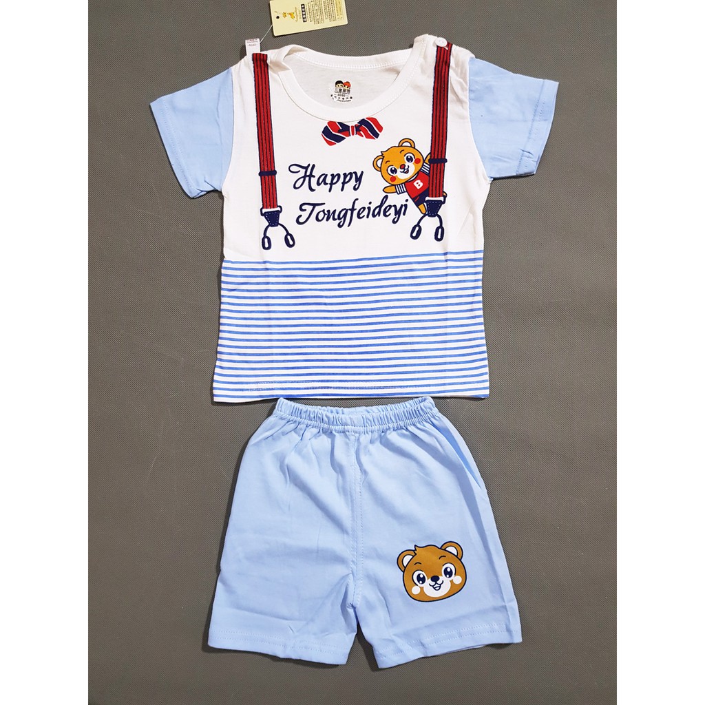 Bộ thun cotton bé trai in gấu dây đeo và nơ dễ thương