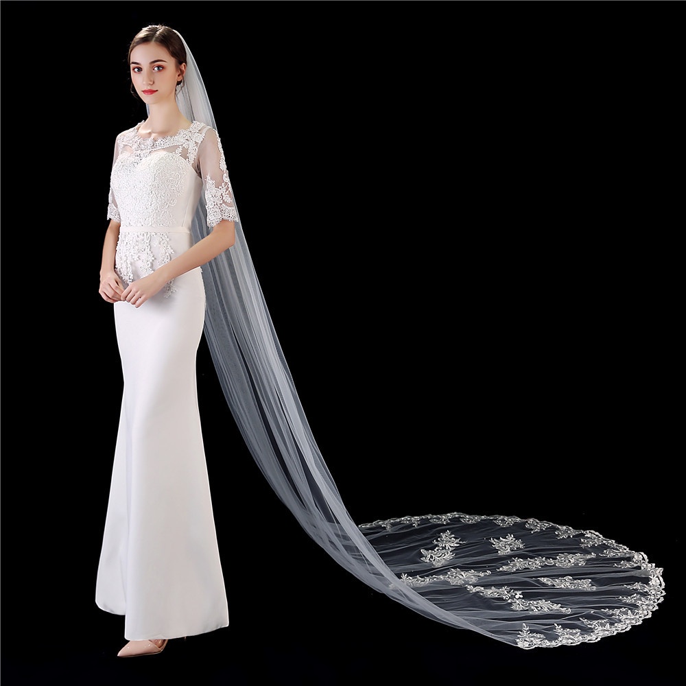 Bridal veil 3 meters long floor veil single layer with combed rice white lace wedding dress bridal head thumbnail