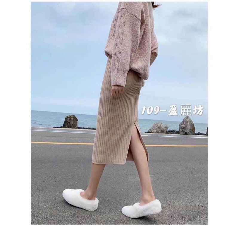 Chân váy len đũa xẻ hàng dày dặn dài 70cm hàng QC loại 1