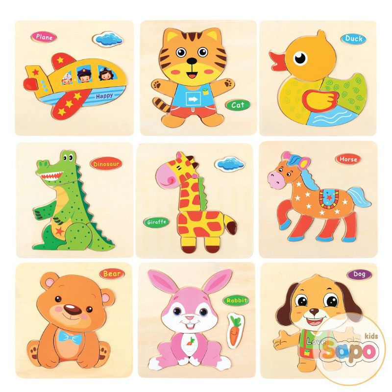 tranh gỗ 3D in nổi hình con vật cho bé học tiếng anh_ tranh ghép hình 12 mảnh ghép | BigBuy360 - bigbuy360.vn