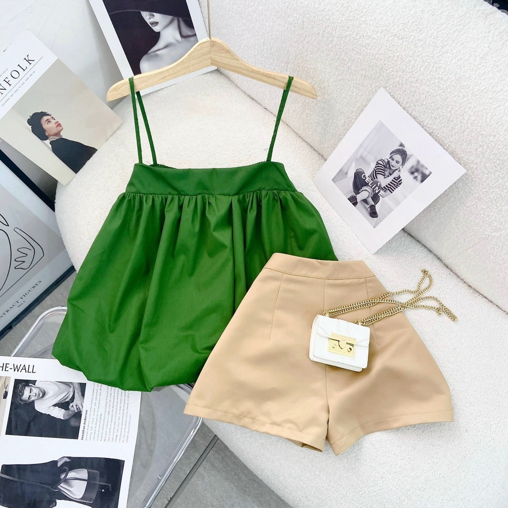 SET ÁO 2 DÂY XANH DÁNG BÍ + QUẦN SHORT KEM