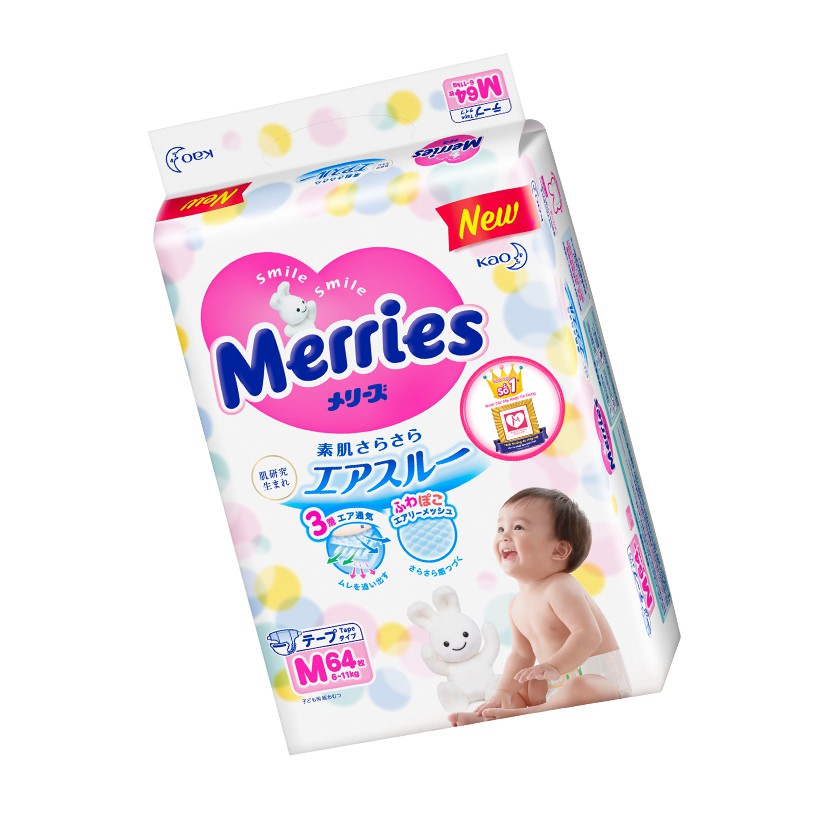 Mua 3 Tã dán Merries size M - 64 miếng (Cho bé 6 - 11kg) - Tặng 1 bộ quà tặng Thỏ Merries và túi cao cấp