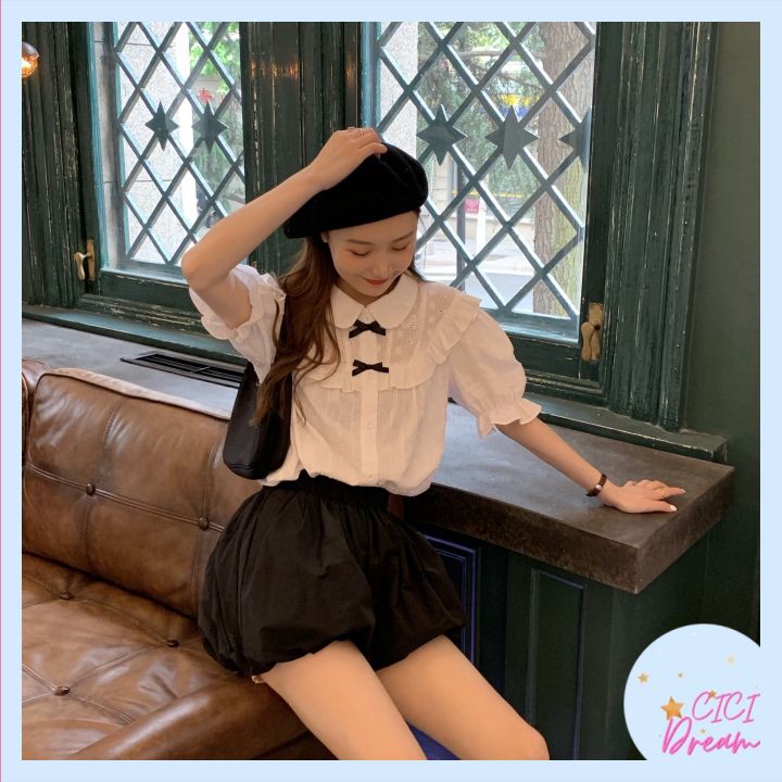 Áo sơ mi nữ trắng dài tay đính nơ cổ đứng babydoll bo chun, Áo sơ mi nữ trắng dài tay bồng cổ buộc nơ siêu xinh