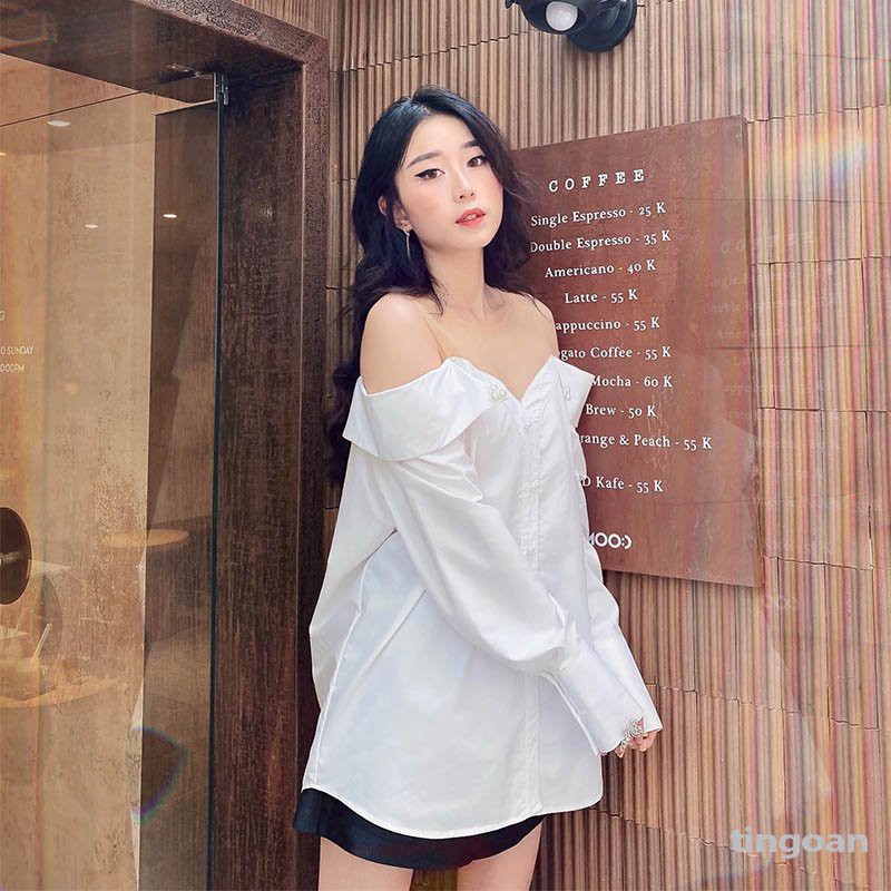 Áo sơmi trễ vai trắng phối lưới đính ngọc chống nhăn tingoan sài gòn PURE LOVE SHIRT/WH