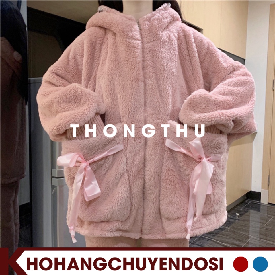 Bộ ngủ lông cừu giữ nhiệt mùa đông túi thắt nơ dễ thương,BNL02,set đồ mặc nhà nhung bông mềm mịn 2 màu hồng tím - THONGT | BigBuy360 - bigbuy360.vn