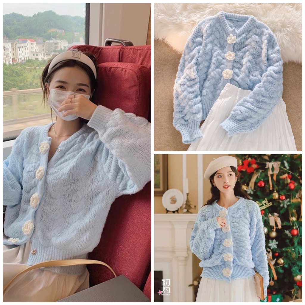 Áo len cardigan nữ dài tay khuy thêu hoa dáng ngắn croptop hàn quốc màu xanh ladyquangchau CD22