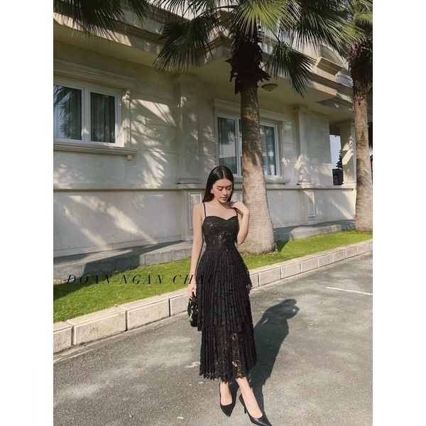 Đầm ren hai dây dập ly phối tầng hai màu hình thật