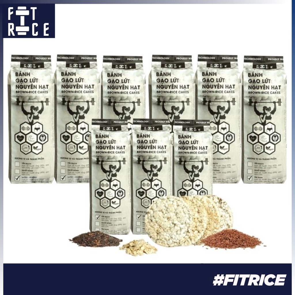 Combo 3 gói Bánh gạo lứt ăn kiêng FitRice (mỗi gói 500g) - Các vị Yến mạch, Huyết rồng, Đương ăn kiêng, Mix 3 vị