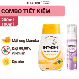 Bộ 1 Sữa tắm Betadine mật ong diệt 99.99% vi khuẩn chai 200ml và 1 Bọt vệ sinh Betadine Tím 100ml