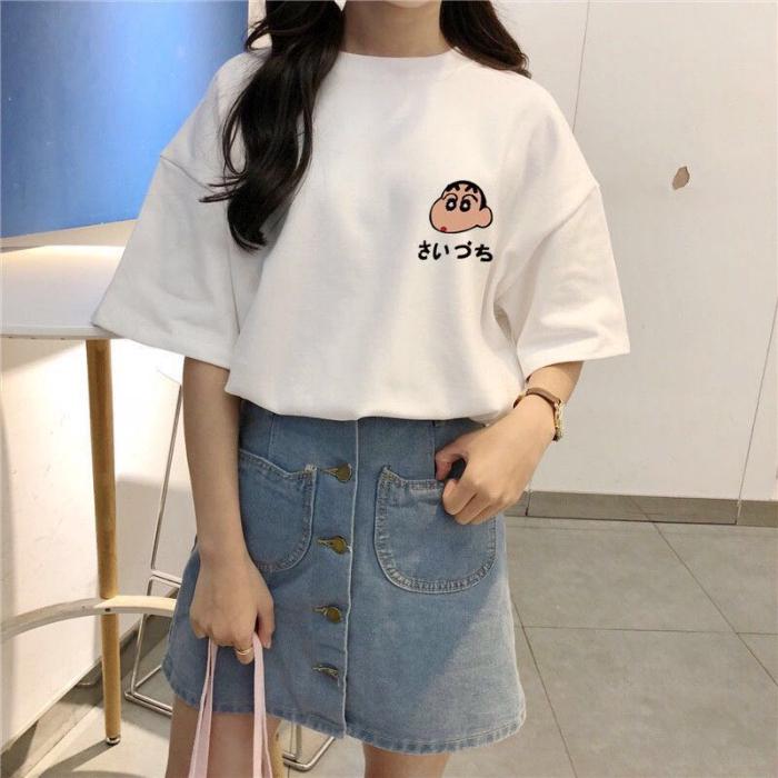 Áo Thun Tay Ngắn In Hình Cậu Bé Bút Chì Ngộ Nghĩnh Đáng Yêu Cho Bạn Gái