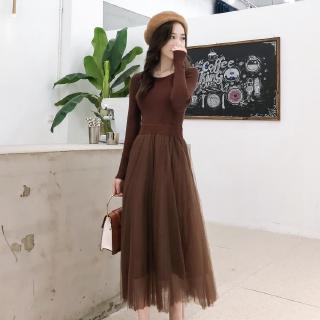 Váy mùa thu mới 2019 bên trong váy gạc dài tay đan áo len chạm đáy mùa thu và váy lưới một mảnh mùa đông