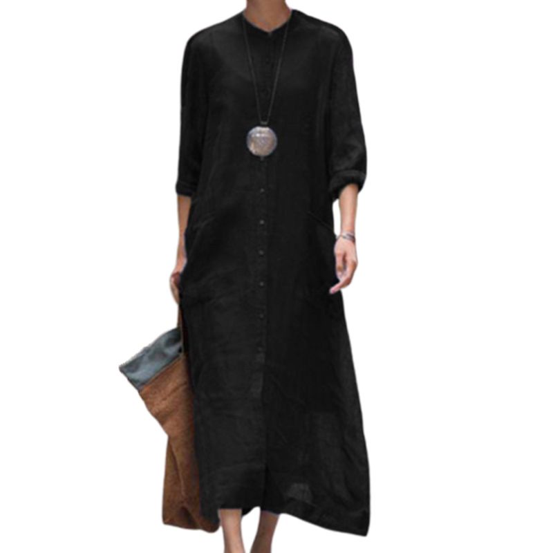 Áo Kiểu Vải Lanh Tay Lỡ 3 / 4 Phối Nút Cài Phong Cách Dân Tộc Plus Size Cho Nữ