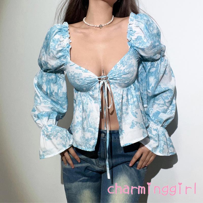 QAQ-Women Short Top Shirt Long Lantern Sleeve Print Low-Cut Tie-Up High Split Crop Tops