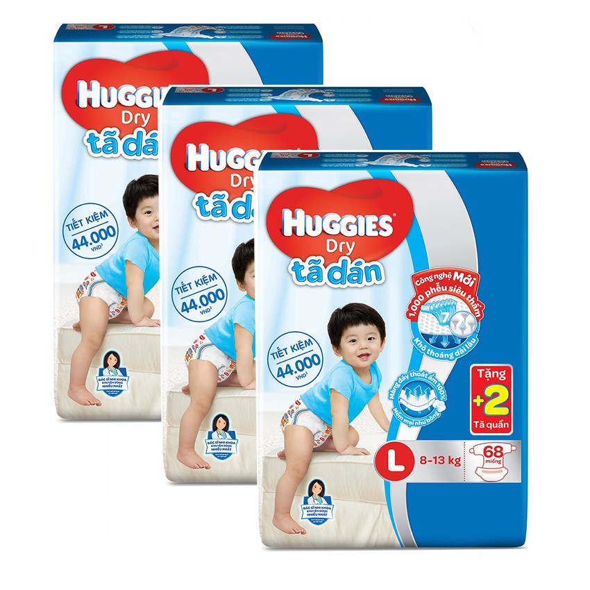 Tã dán Huggies Dry size M76 - L68 - XL62 - XXL56 khô thoáng mẫu mới