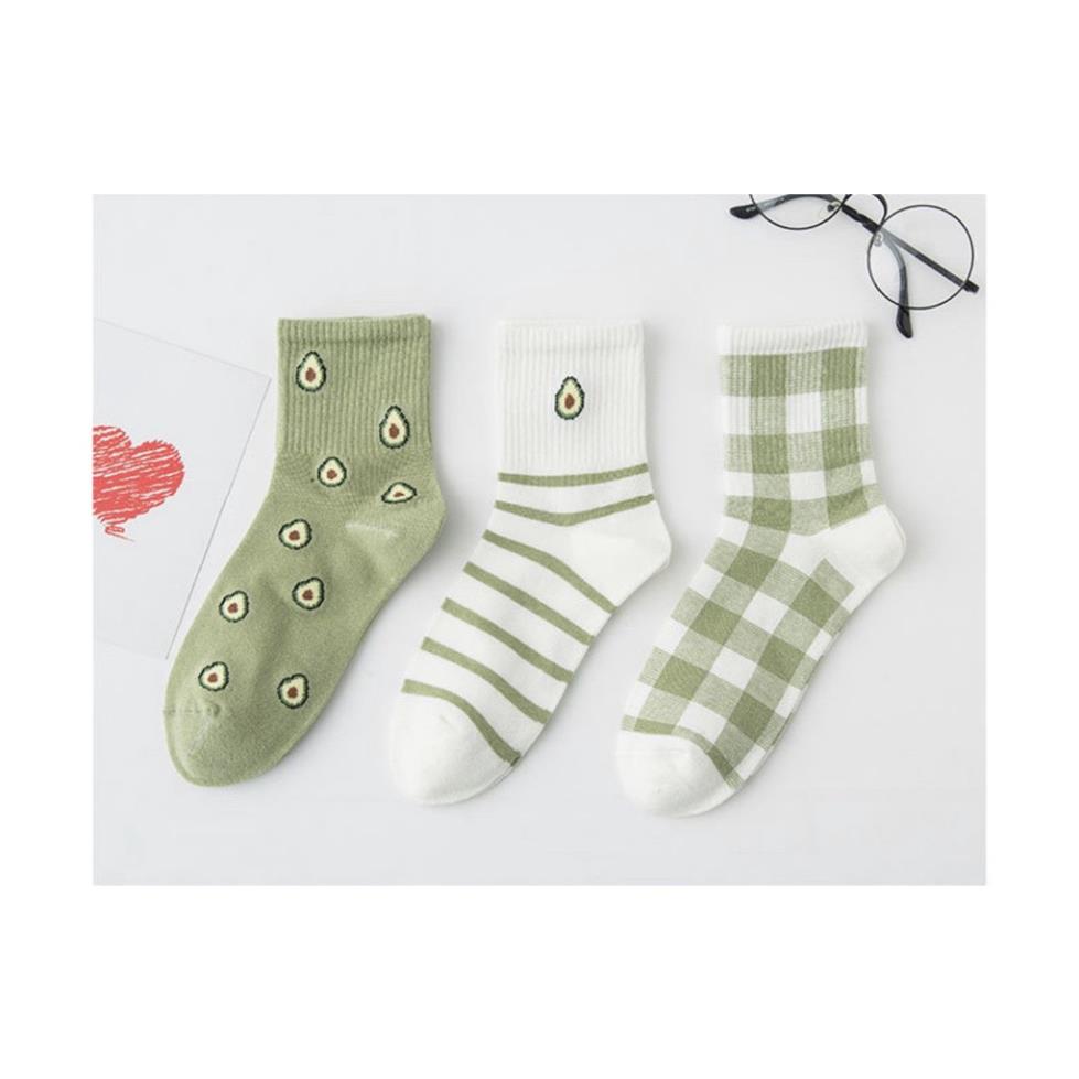 Set 3 vớ nữ cổ cao cute in hình quả bơ xanh siêu xinh tkutrang TN95
