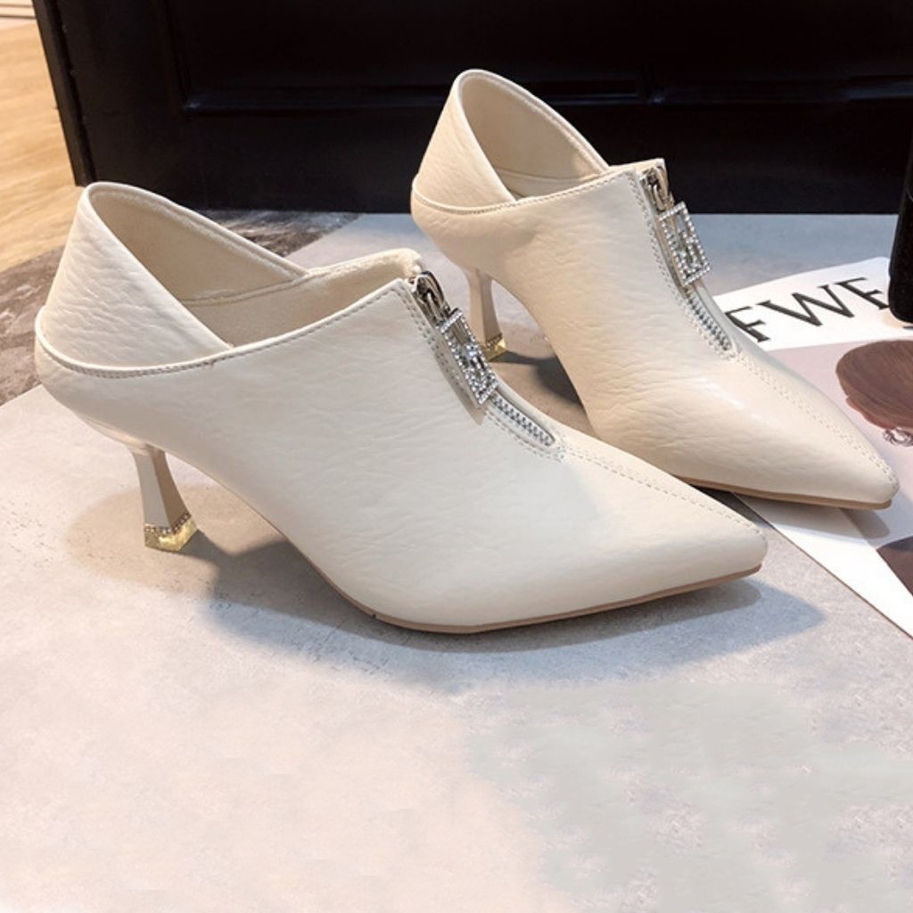 Giày bốt nữ cổ thấp gót nhọn cao 7 phân dáng ôm chân mũi nhọn có khóa hiện đại GN06 Hulian Fashion có 2 màu | BigBuy360 - bigbuy360.vn