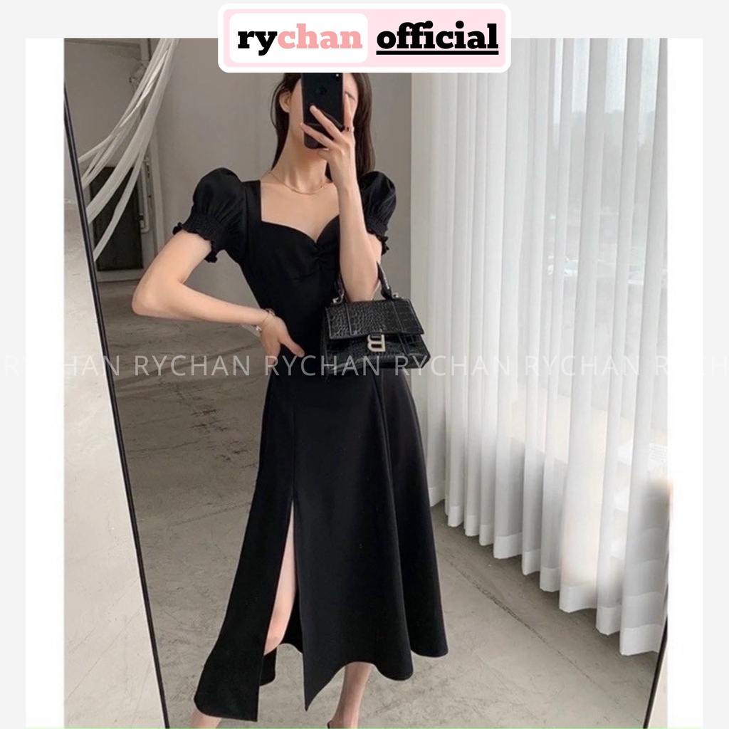 Đầm Dáng Xoè Midi Nhún Ngực Xẻ Tà, Đầm Đen Quyến Rũ Cúp Ngực - DX0103