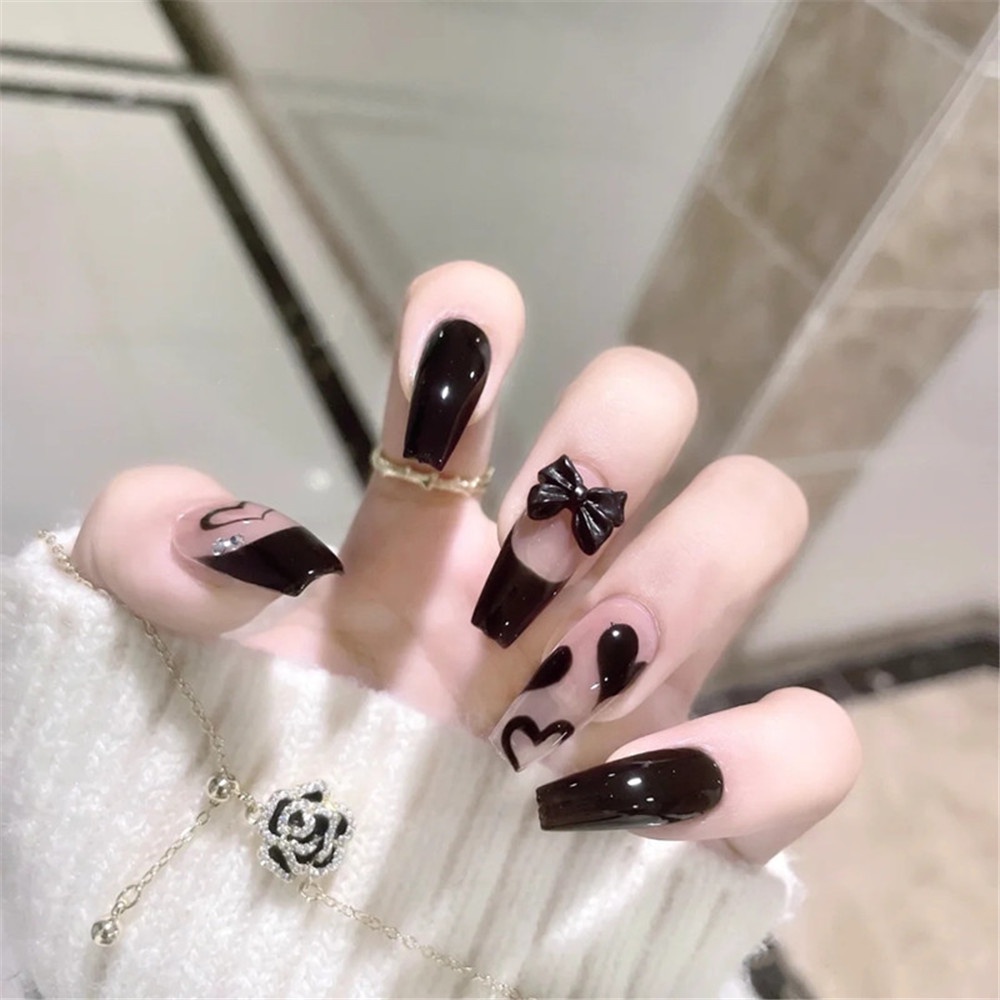 Bộ Móng Tay Giả Đính Nơ Họa Tiết Kẻ Ô Chống Thấm Nước Phong Cách Cổ Điển Thời Trang Tinh Tế Kèm Keo Dán Cho Nữ