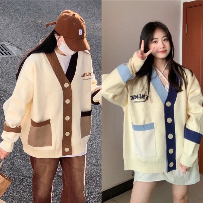 Áo len cardigan oversize có túi hoạ tiết màu xanh dương nâu phong cách học sinh sinh viên JK ulzzang