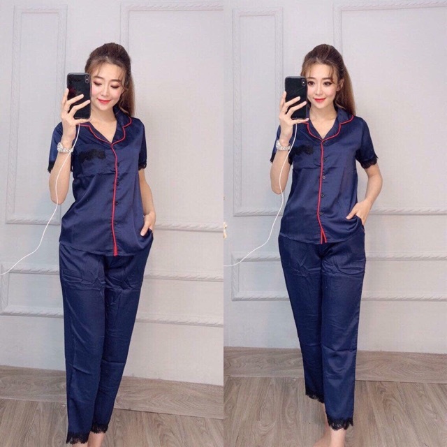 Đồ Bộ Pijama Tay Ngắn Quần Dài Viền Ren Phi Lụa