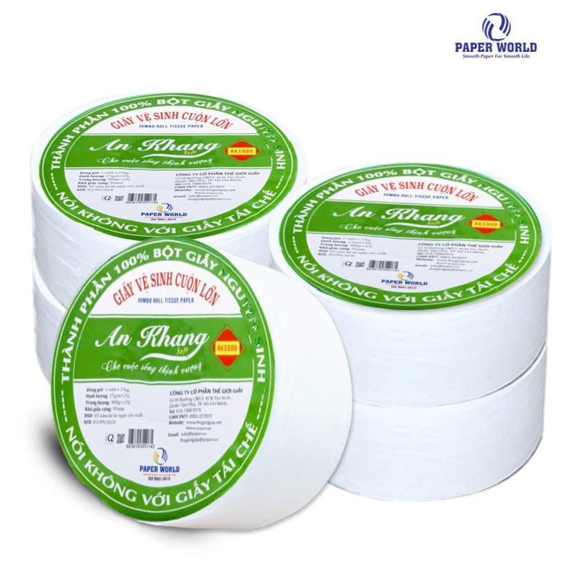 Combo 5 giấy vệ sinh cuộn lớn cao cấp 900g 2 lớp AN KHANG SOFT | Thế Giới Giấy | 100% bột giấy nguyên sinh | AKS900