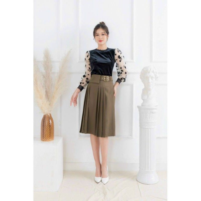 Chân váy xòe xếp ly công sở kèm đai cạp cao cách điệu cao cấp