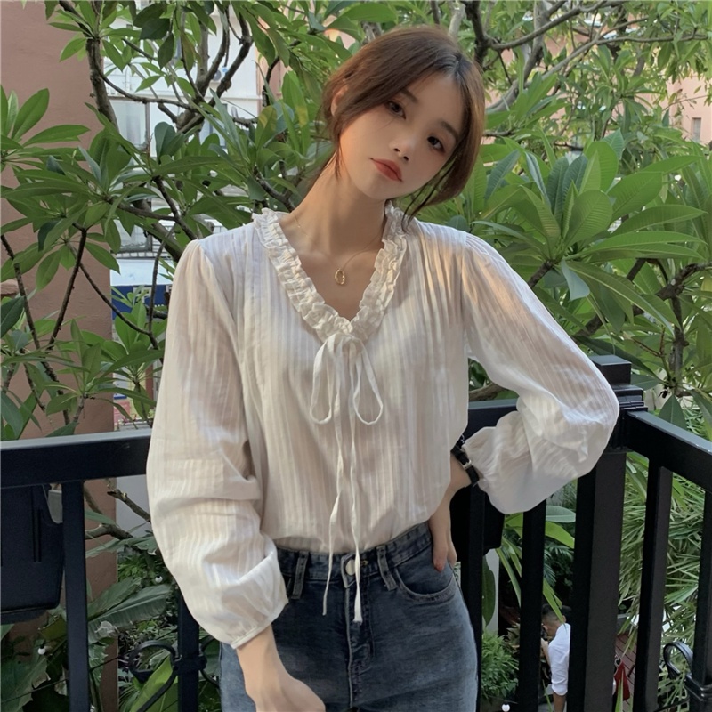 SUXI Áo Sơ Mi Trắng Tay Dài Cổ Chữ V Dáng Rộng Phong Cách Hàn Quốc Thời Trang Mùa Thu Cho Nữ