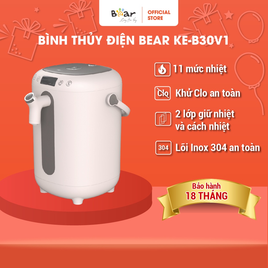 Bình Thuỷ Điện Bear Đun Nước Nóng Siêu Tốc, Tự Động Giữ Ấm 55 Độ, Khử Clo An Toàn Cho Sức Khoẻ - KE-B30V1