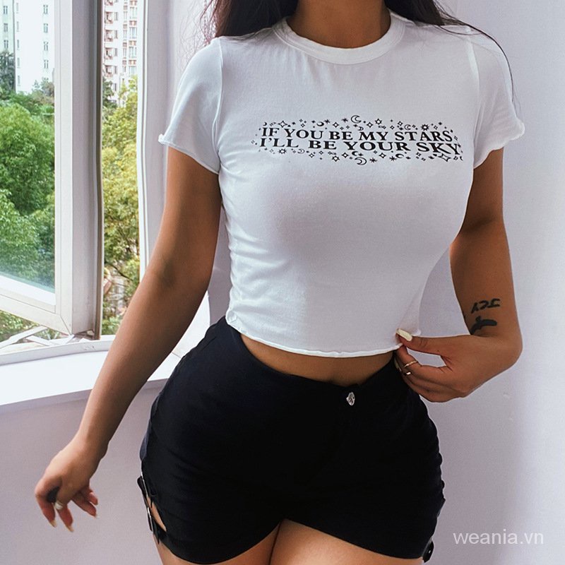 Áo thun tay slim ngắn in chữ 3IJ4