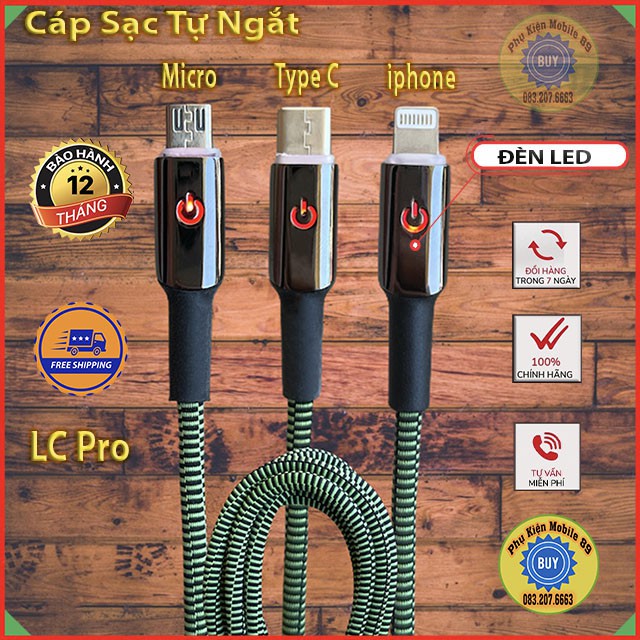 Dây Cáp Sạc Tự Ngắt iphon - TYPE C - Đèn LED BÁO - CHính Hãng LC - BH 12 Tháng