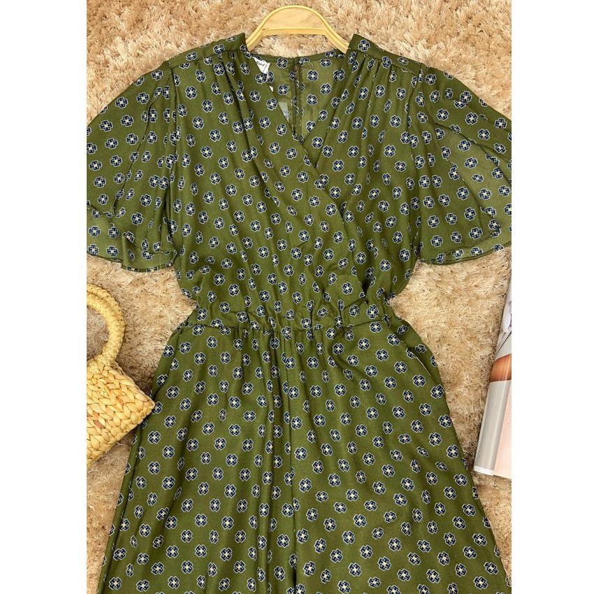 Jum thổ cẩm kẻ ô caro dài ống rộng phối cổ chéo/jumpsuit nữ ống rộng