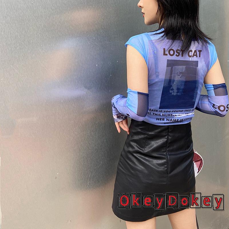 Odokey-y2k Áo Crop Top Lưới Mỏng In Chữ Đồ Họa Gợi Cảm Có Tay Áo Tập Hợp Đi Mua Sắm Du Lịch Cho Bạn Bè