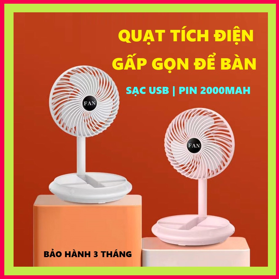 Quạt tích điện để bàn, quạt mini không dây sạc pin USB có 3 tốc độ gió, pin 2000mAh