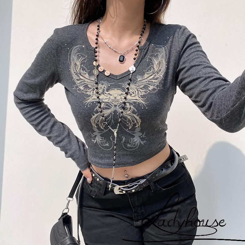 Áo croptop tay dài cổ chữ V in họa tiết thời trang cho nữ