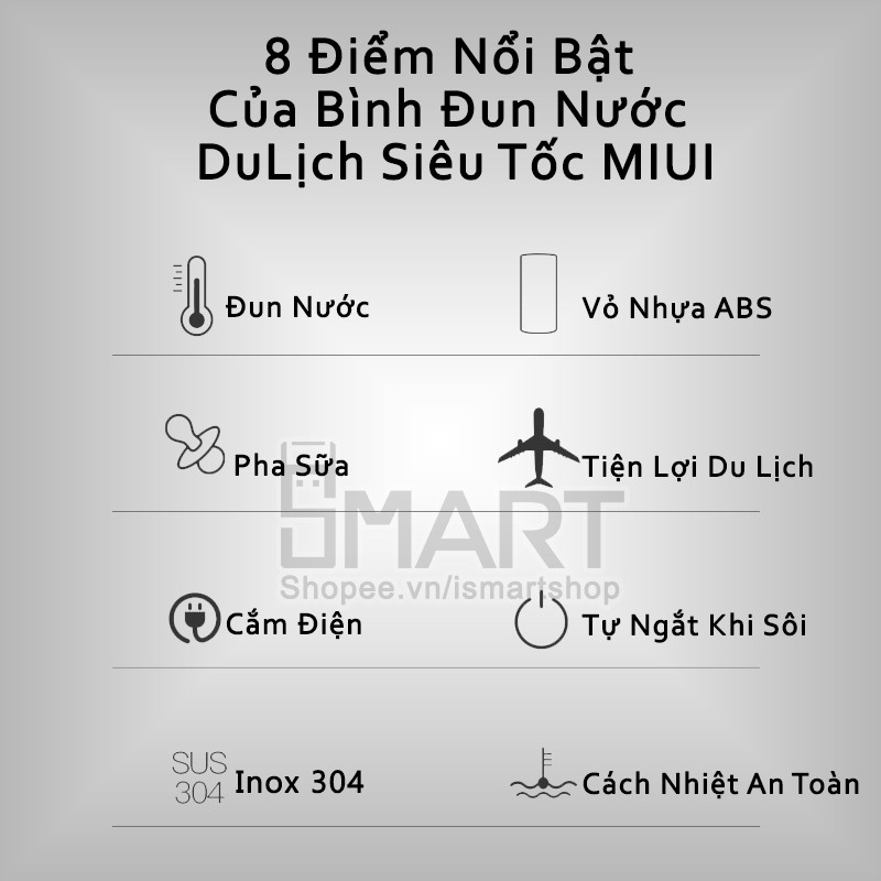 (erale) [CHÍNH HÃNG] Bình Đun Nước Pha Sữa Du Lịch  MIUI - Ấm Siêu Tốc Tiện lợi Nhỏ Gọn, Có Thể Mang Đi Du Lịch.