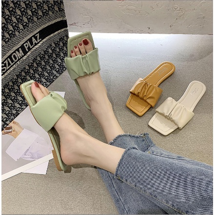 Dép Quai Ngang Nữ Bèo Nhún Tiểu Thư - Dép Lê Nữ Mũi Vuông Nhún Bèo Sành Điệu Mang Cực Êm Chân