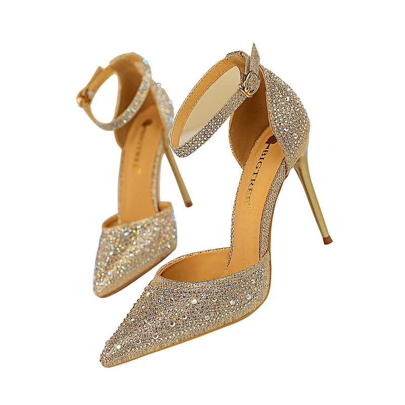 BIGTREE Chính Hãng Giày Cao Gót 10cm Mũi Nhọn Miệng Nông Đính Đá Lấp Lánh Phong Cách Hàn Quốc Cho Nữ  Mall-283-16