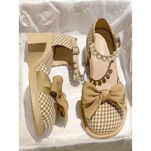 2022 Giày Mary Jane Gót Dày Đính Nơ Ngọc Trai Chống Trượt Thoải Mái Dễ Phối Đồ Giày cao gót