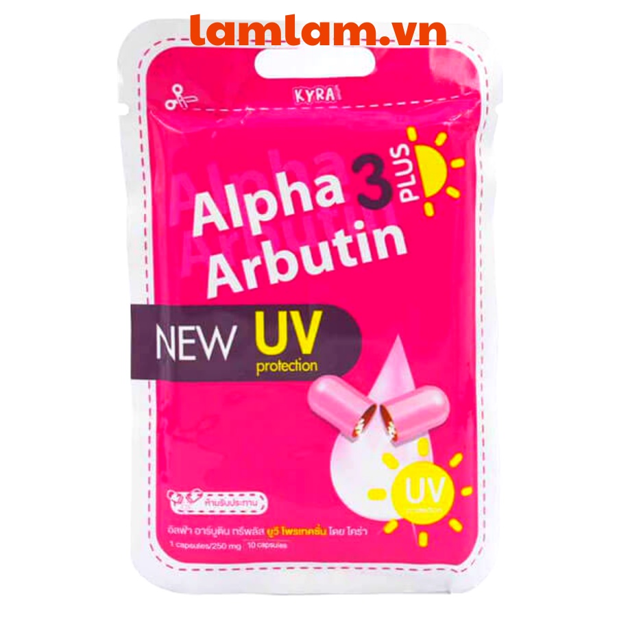 Bột kích trắng và chống nắng Alpha Arbutin 3 Plus New UV Thái Lan (vĩ 10 viên)