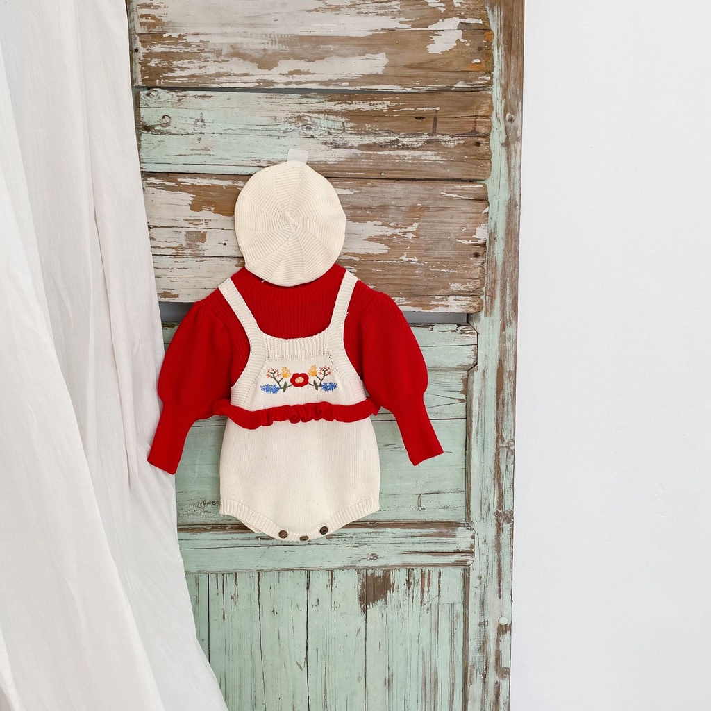 Áo liền quần dệt kim màu đỏ thời trang mùa đông dành cho bé gái