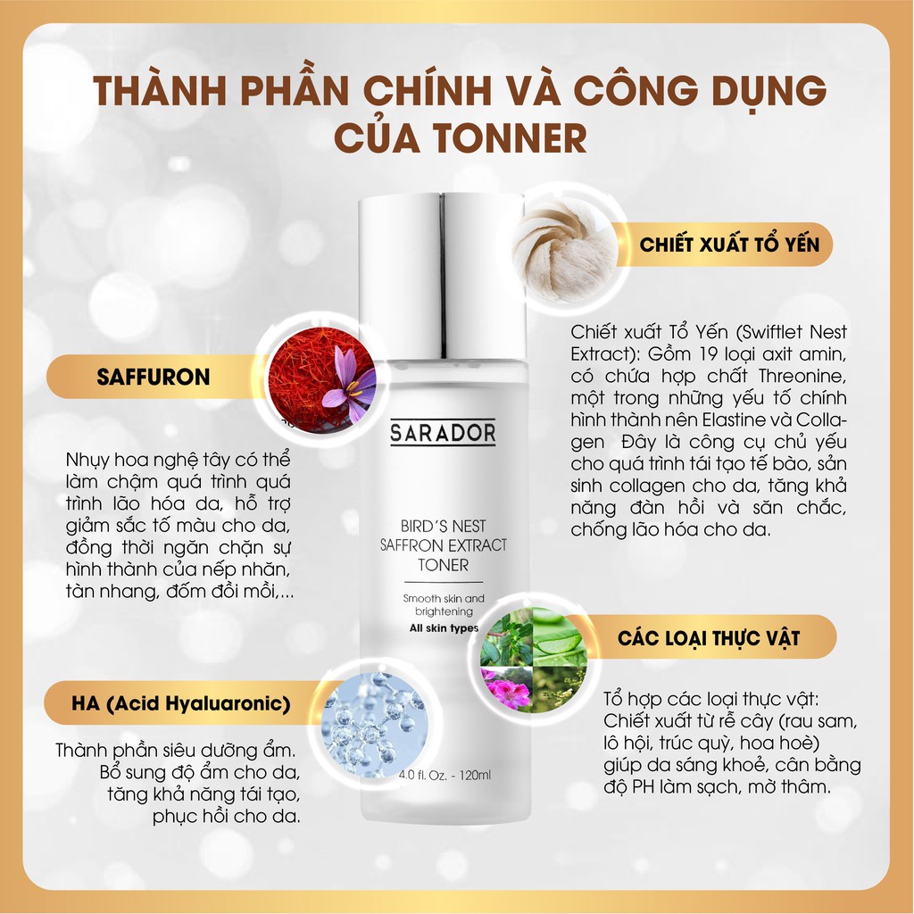 Tone(Nước Hoa Hồng) SARADOR cân bằng PH, se khít lỗ chân lông, dưỡng ẩm ( Bird’s nest safaron extrac Toner) 120 ml | BigBuy360 - bigbuy360.vn