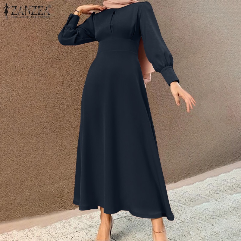 Đầm maxi nữ Zanzea tay dài màu trơn nhấn eo thời trang