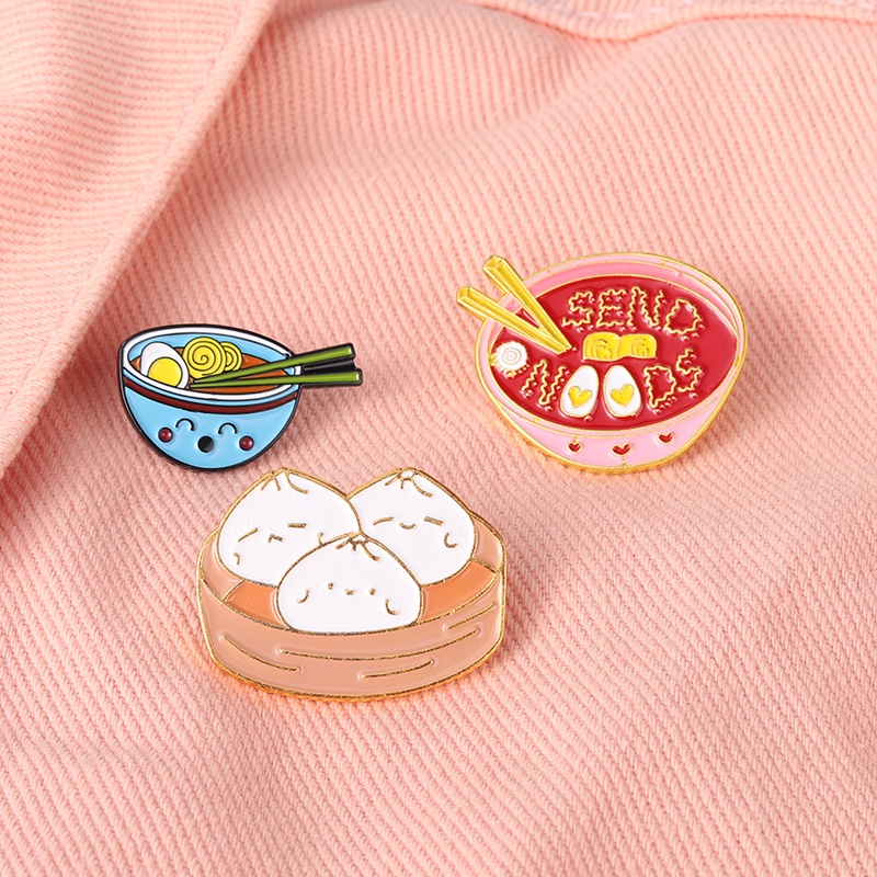 Huy hiệu cài áo thiết kế mì ramen/ bánh bao hoạt hình mini phong cách Nhật Bản đáng yêu