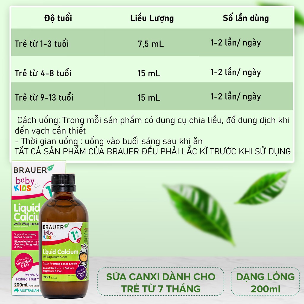 Brauer Hỗn hợp Vitamin Canxi, Magie và Kẽm dạng lỏng cho trẻ từ 1 tuổi trở lên (200ml)