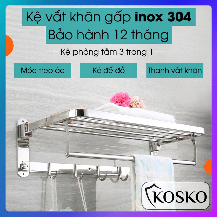 Kệ vắt khăn tắm gấp đứng inox 304 2 tầng kèm dàn móc treo quần áo tiện lợi - Bảo hành 12 tháng