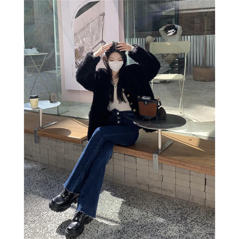 Quần Jeans Đen Lưng Cao Ống Loe Ôm Dáng Thời Trang Thu Đông Dành Cho Nữ